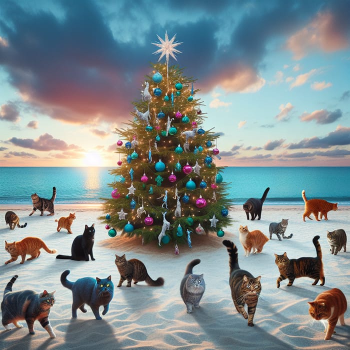 Christmas Tree on Beach Surrounded by Cats - Festive Scene