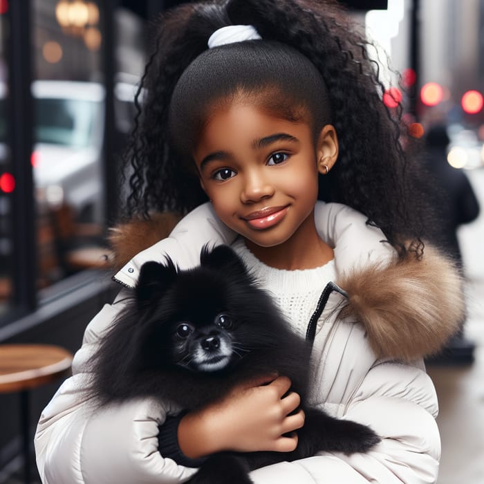Cute African American Girl with Pomeranian in Winter Chicago Streets