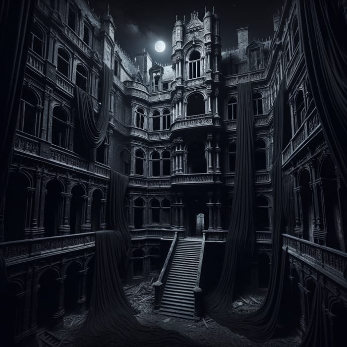 Black Abandoned Castle: Dark Staircases, Balconies, and Draped Curtains