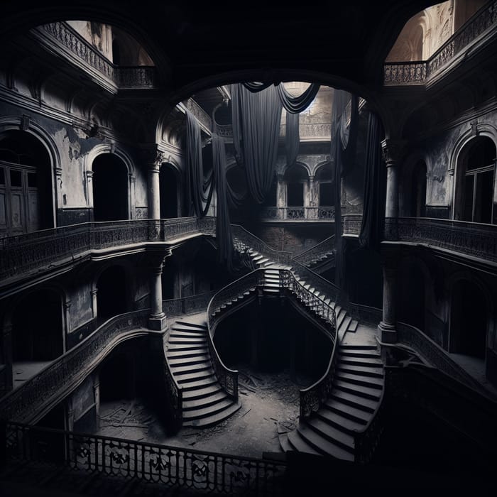 Eerie Black Castle Interior: Dark Staircases, Balconies, and Curtains