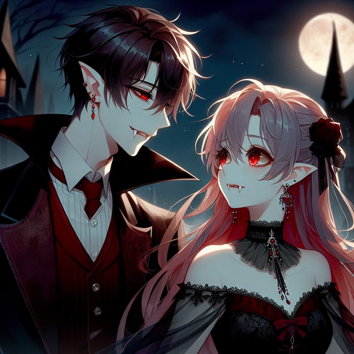 Vampire Boy and Red-Haired Girl in Love at Gothic Castle
