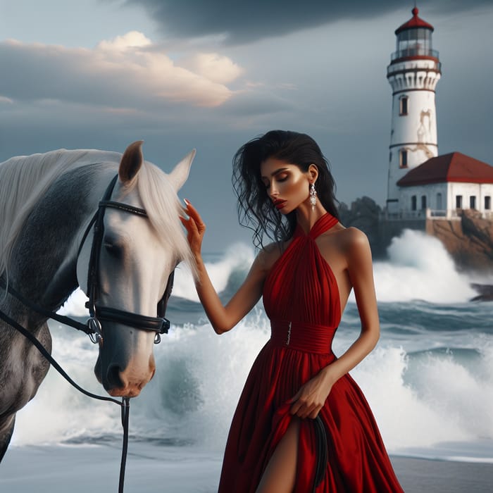 Enchanting South Asian Woman in Red Dress with Horse at Lighthouse