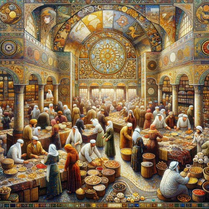 Vibrant Art Nouveau Marketplace Mosaic Painting