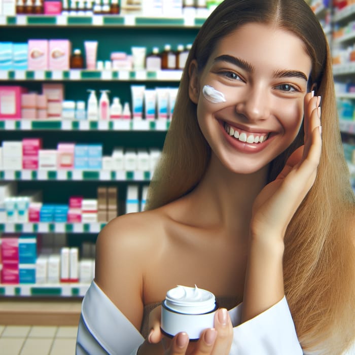 Woman Applying Face Cream - Happy Moment in a Pharmacy