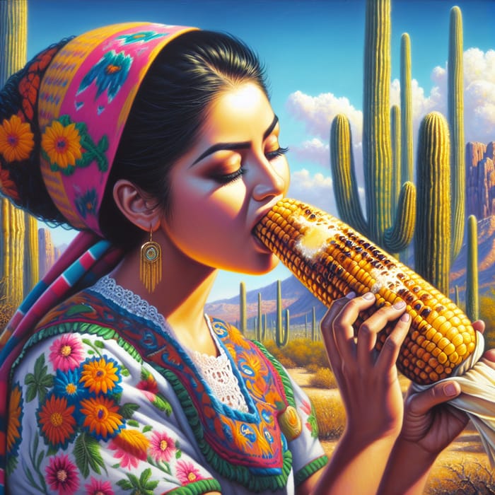 Mexican Woman Enjoying Roasted Corn in Sonora - Authentic Experience