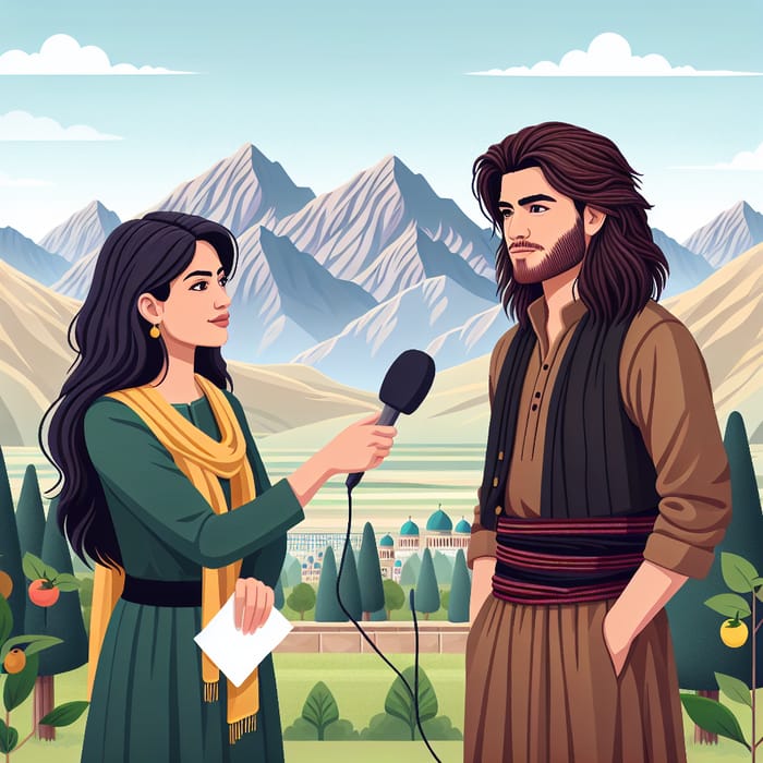 Kurdish Journalist Interviews Young Man in Traditional Clothes | Mountain Background