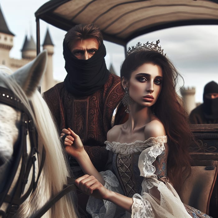 Medieval Man and Princess Escaping on Horse-Drawn Carriage