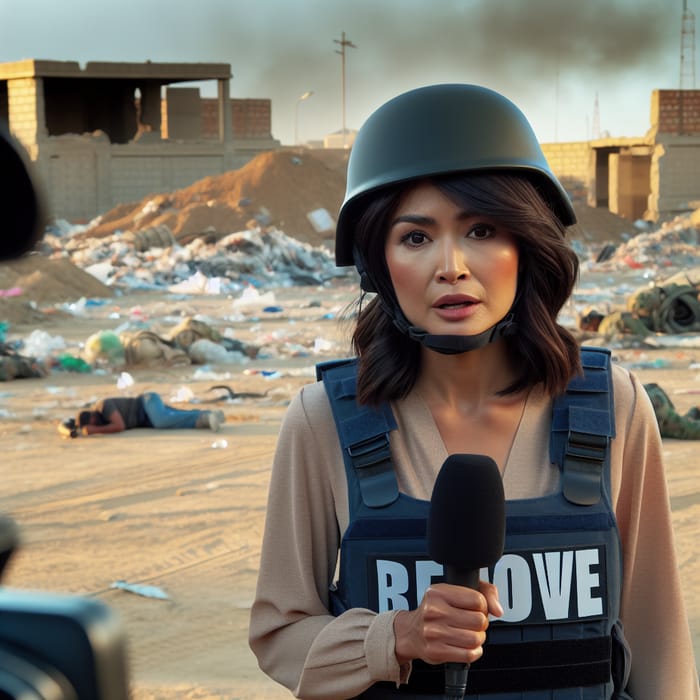 Fearful Female Journalist Reporting Live from Dusty Conflict Zone