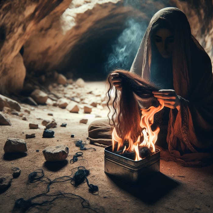 Middle Eastern Woman Burning Hair Strands in Cave - Uncovered