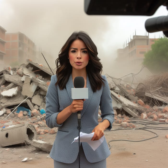 Hispanic Female Journalist Reporting Live from Dusty Conflict Zone