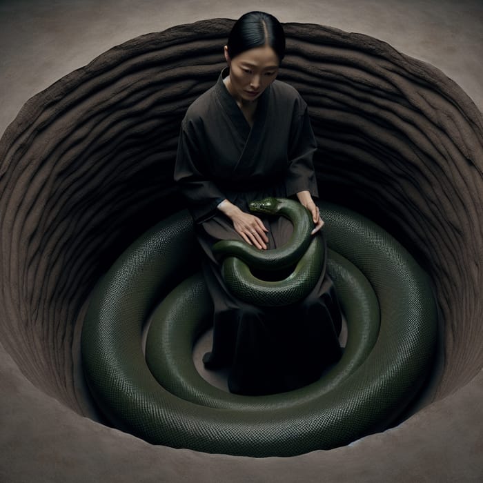 Woman in Dark Pit with Snake: A Surreal Scene