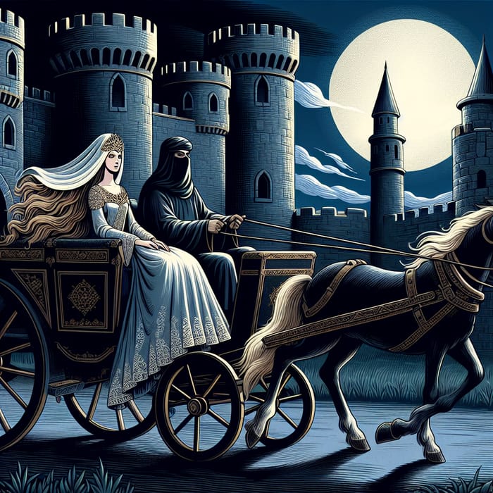 Medieval Escape: Veiled Man and Princess Fleeing in a Horse-Drawn Carriage