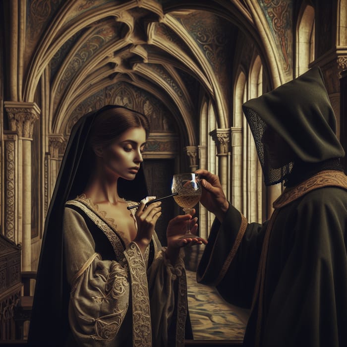 Medieval Palace: Veiled Woman Pouring Wine in Courtly Setting