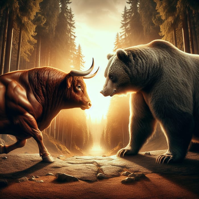 Majestic Bull and Bear Standoff in Enchanted Forest