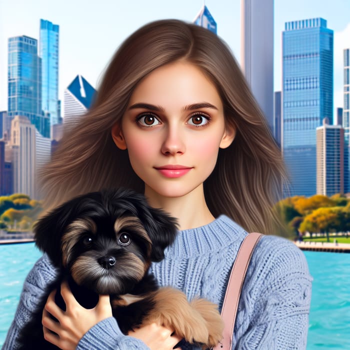 Stylish Woman with Long Hair and Brown Eyes in Chicago City with her Dog