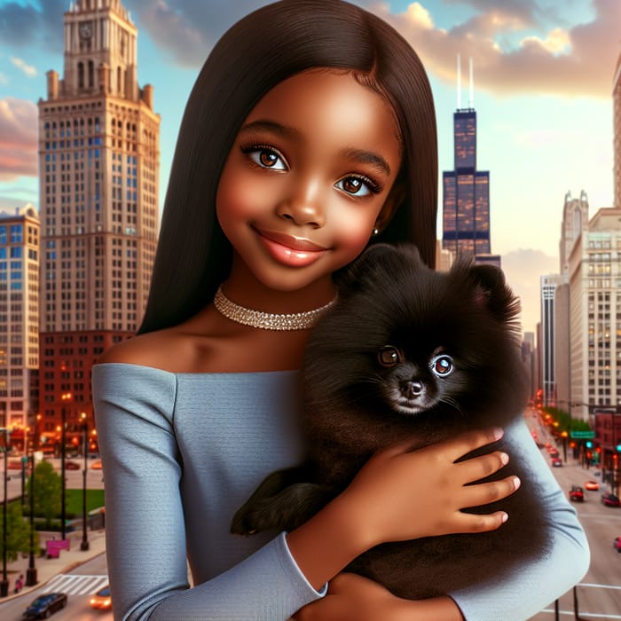 African American Little Girl with Black Pomeranian Dog in Chicago Cityscape