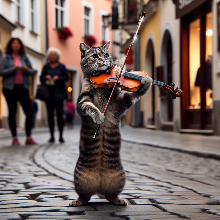 Cute Cat Dancing and Playing Violin on Street