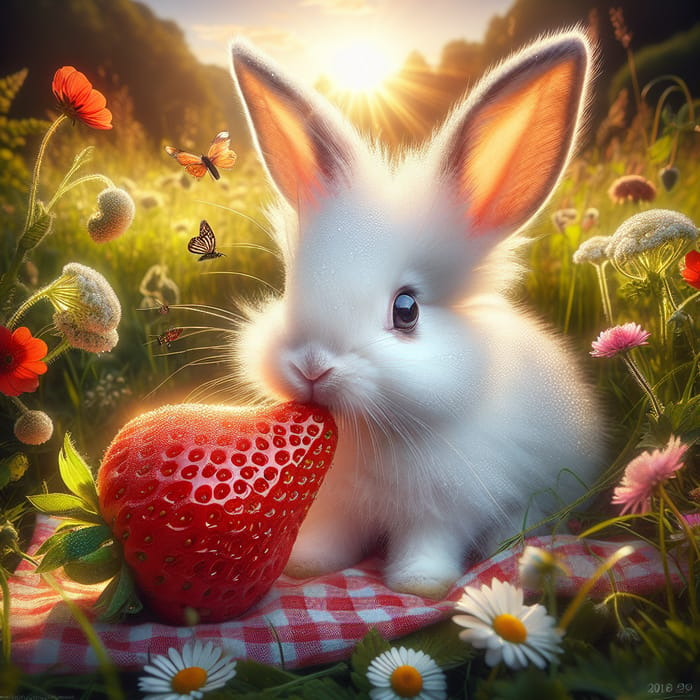 Cute White Rabbit Enjoying Fresh Strawberry in Meadow