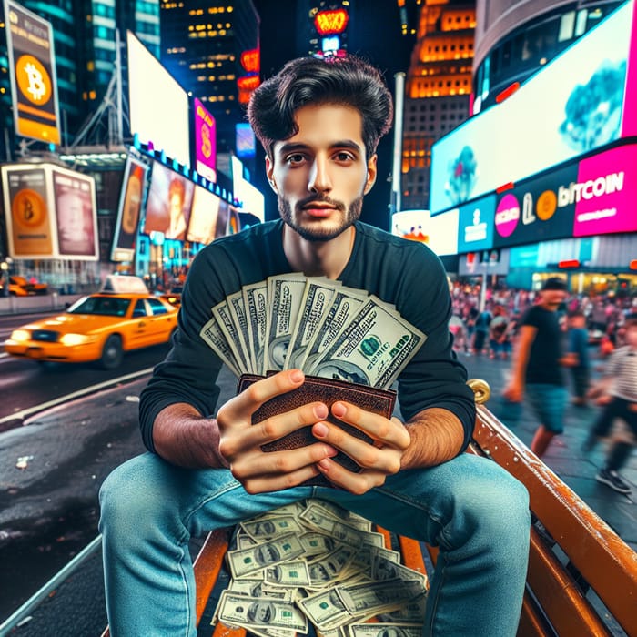 Bitcoin Wallet in Times Square: Young Man with Cash