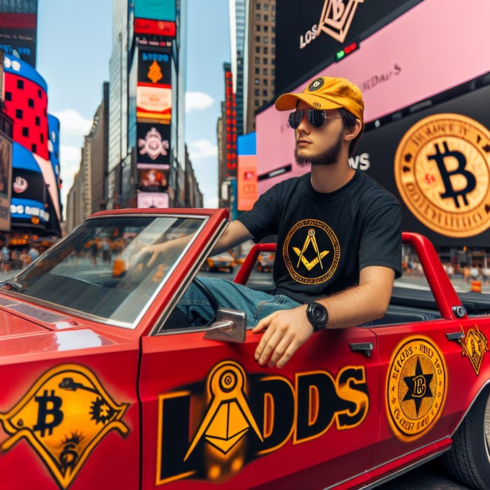 Young Man Driving Red Car with Bitcoin and Dollar Logos in Cityscape