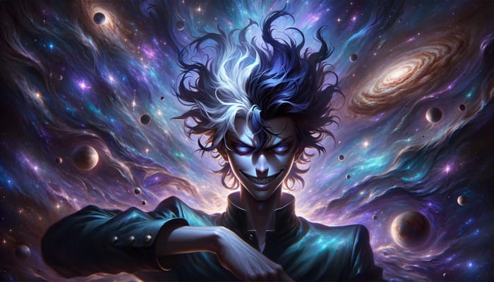 Galaxy-Inspired Sadistic Young Anti-Hero with Massive Blue Purple Hair