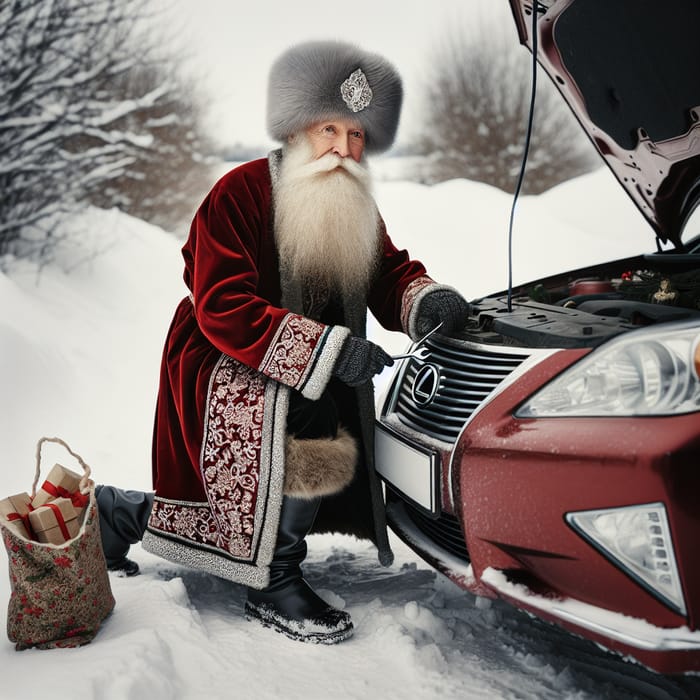 Santa Claus Fixing Lexus Car
