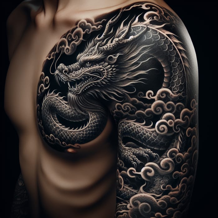 Realistic Chinese Dragon Arm Tattoo in Black Ink