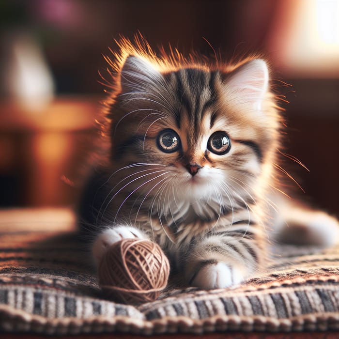Playful Tabby Kitten on Yarn-Covered Cushion