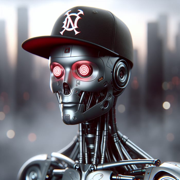 Futuristic Robotic Humanoid with Yankees Hat in Dystopian City