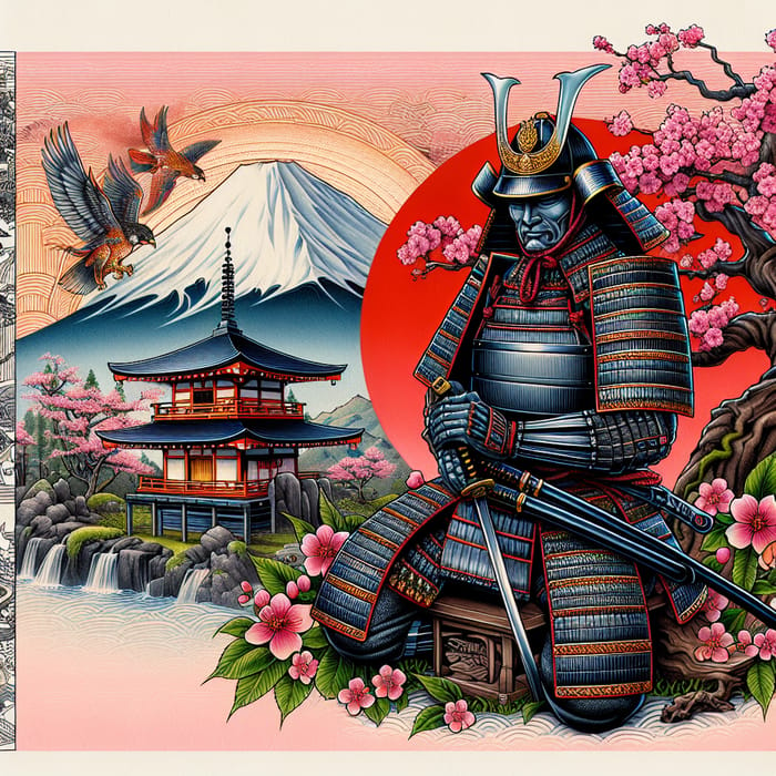 Vibrant Japanese Samurai Tattoo with Temple, Cherry Blossom, Mount Fuji
