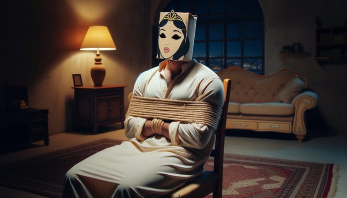 Photo-Realistic Image of Middle-Eastern Man Tied in Chair with Sleeping Beauty Mask in Traditional Living Room Setting
