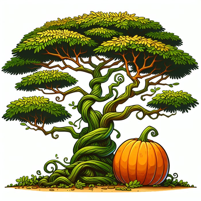 Cartoon Acacia Tree and Pumpkin Illustration