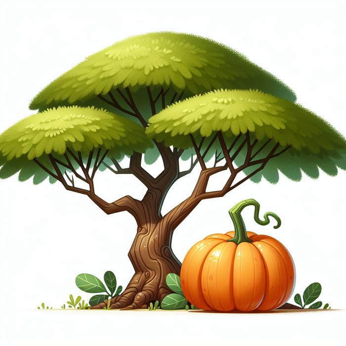 Cute Acacia Tree and Pumpkin Cartoon Illustration