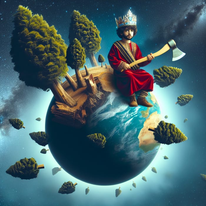 Boy with Crown Chopping Trees on Small Planet in Space
