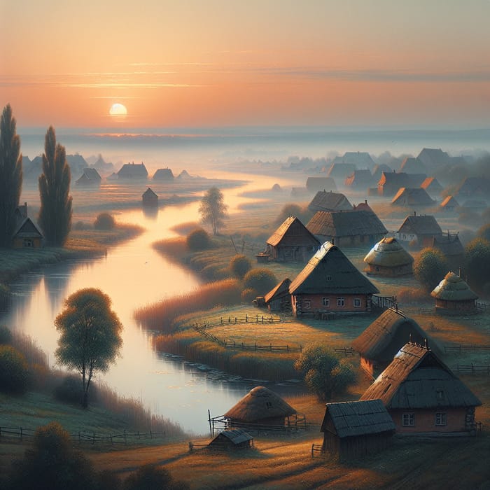 Tranquil Village Scene at Daybreak with River