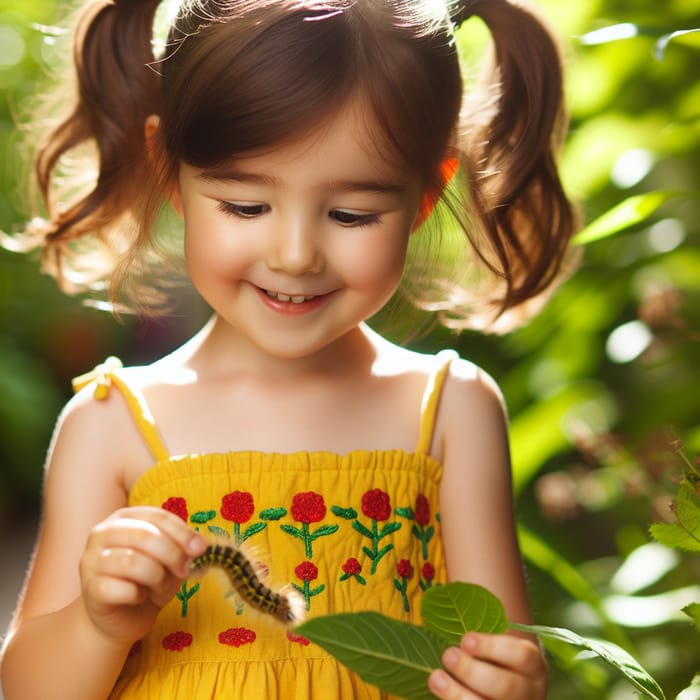 Joyful Hispanic Little Girl Scooping Fuzzy Caterpillar in Yellow Sundress