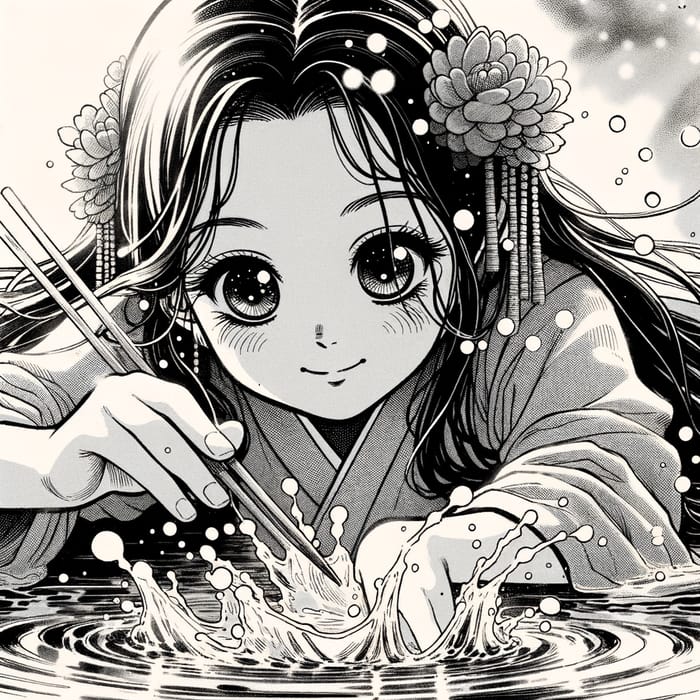 Girl Playing with Water - Japanese Manga Style