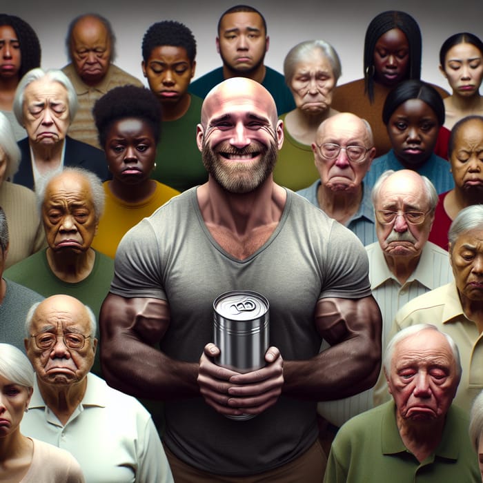 Inclusive: Bald Man with Can Surrounded by Sad People