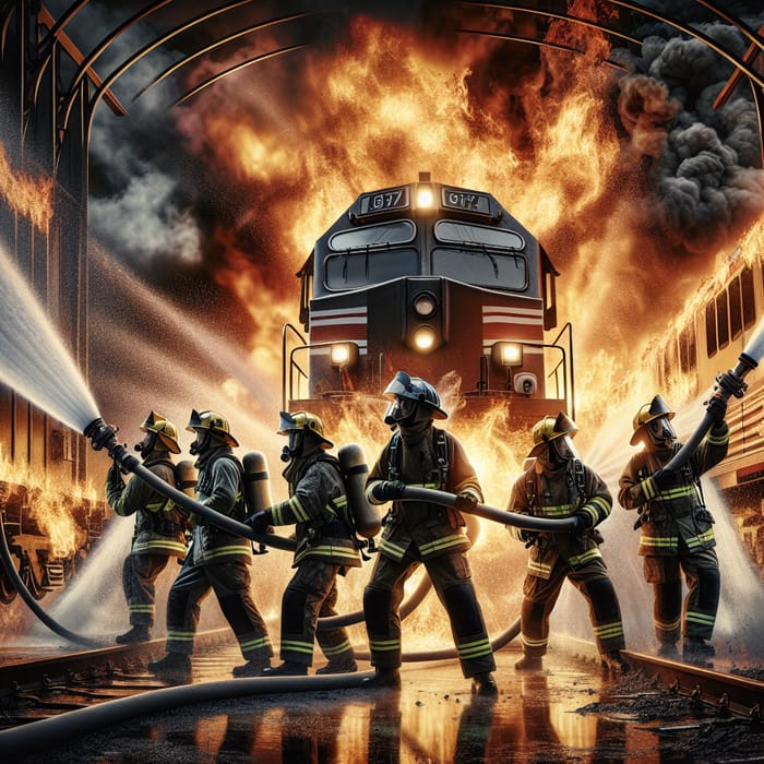 Diverse Firefighters Battle Intense Blaze on Modern Train Locomotive