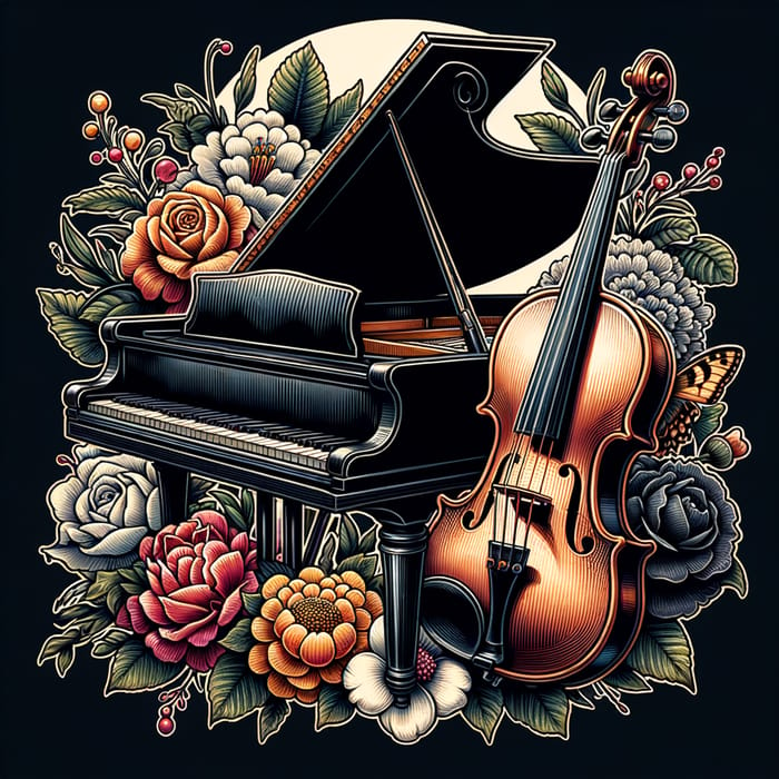 Elegant Piano and Violin Tattoo with Floral Accents
