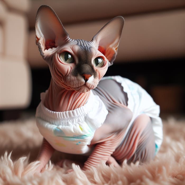 Cute Sphynx Cat in White Diaper Relaxing by the Fireplace