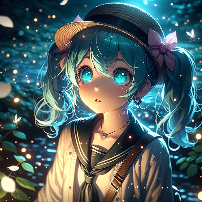 Aqua-haired Girl in Night Setting with White Roses & Fireflies