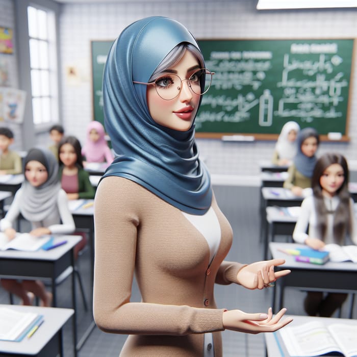 Passionate Woman Teacher in Hijab Teaching in 3D Classroom