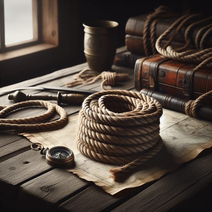 Detailed Scene of Neatly Coiled Rope on Rustic Table