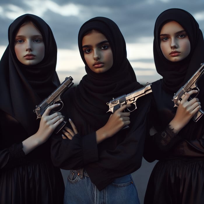 Empowerment: Girls in Black Hijabs with Guns