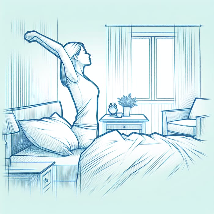 Calm Morning: Woman Stretching in Blue Minimalist Bedroom