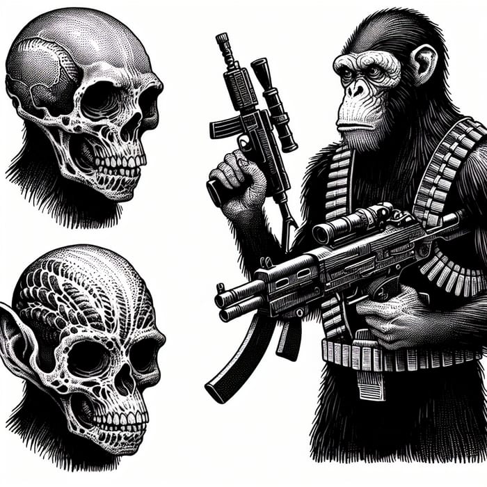 Fantasy Monkey Skull Machine Gun Illustration