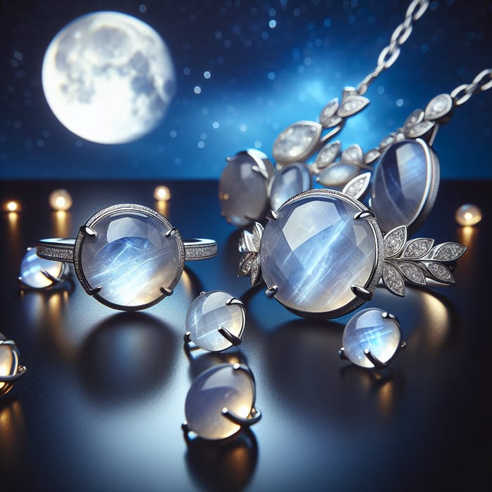 Detailed Moonstone Silver Jewelry Set in Serene Night Sky