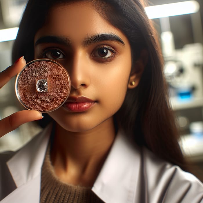 Female Scientist with Copper Micromesh in Laboratory