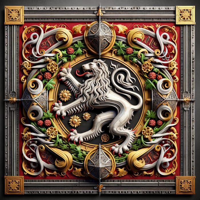 Intricately Designed Medieval Banner with Majestic Silver Lion